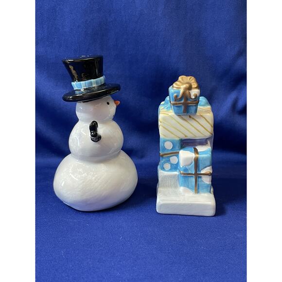 Porcelain Snowman and Stack of Presents Salt and Pepper Shakers - Picture 2 of 4